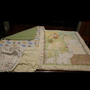 Baby comforter, blanket, & two sheets.